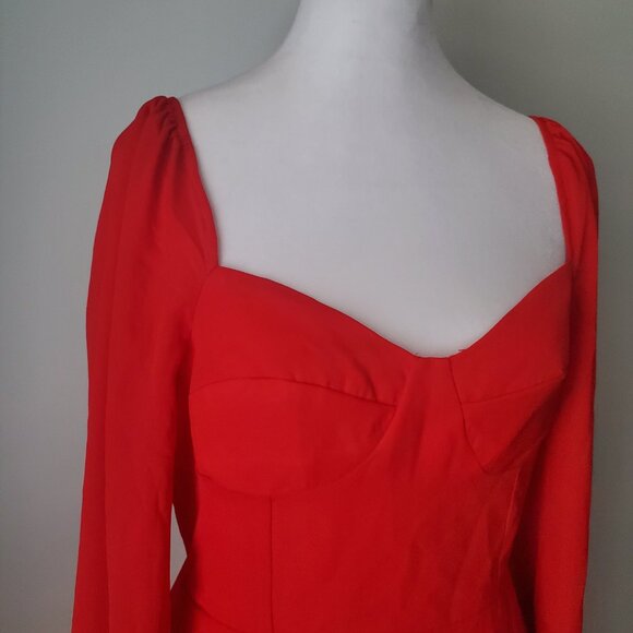 Holiday Party Red Babydoll Dress Sweetheart Neck Smocked Back Balloon Sleeves 8 - Picture 3 of 12